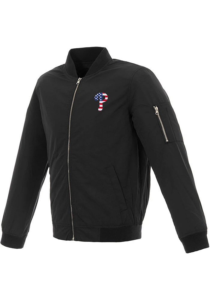 Philadelphia Phillies Mens Black Nylon Bomber Americana Light Weight Jacket
