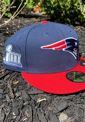 New Era England Patriots Mens Navy Blue Super Bowl LIII Side Patch 59FIFTY Fitted Hat