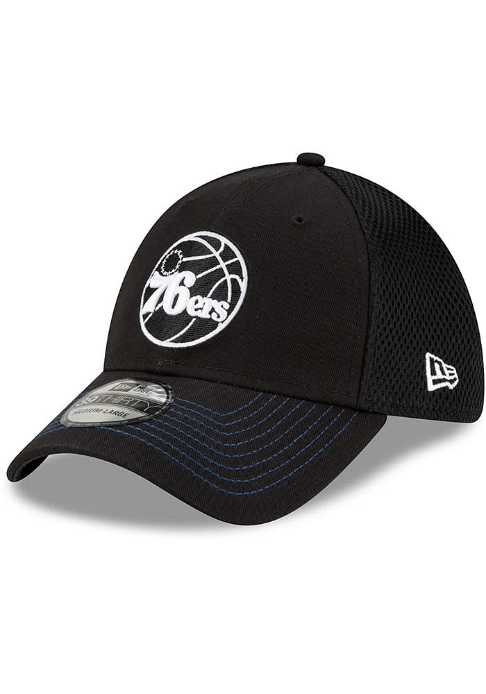 New Era Philadelphia 76ers Mens Black and White Neo 39THIRTY Flex Hat