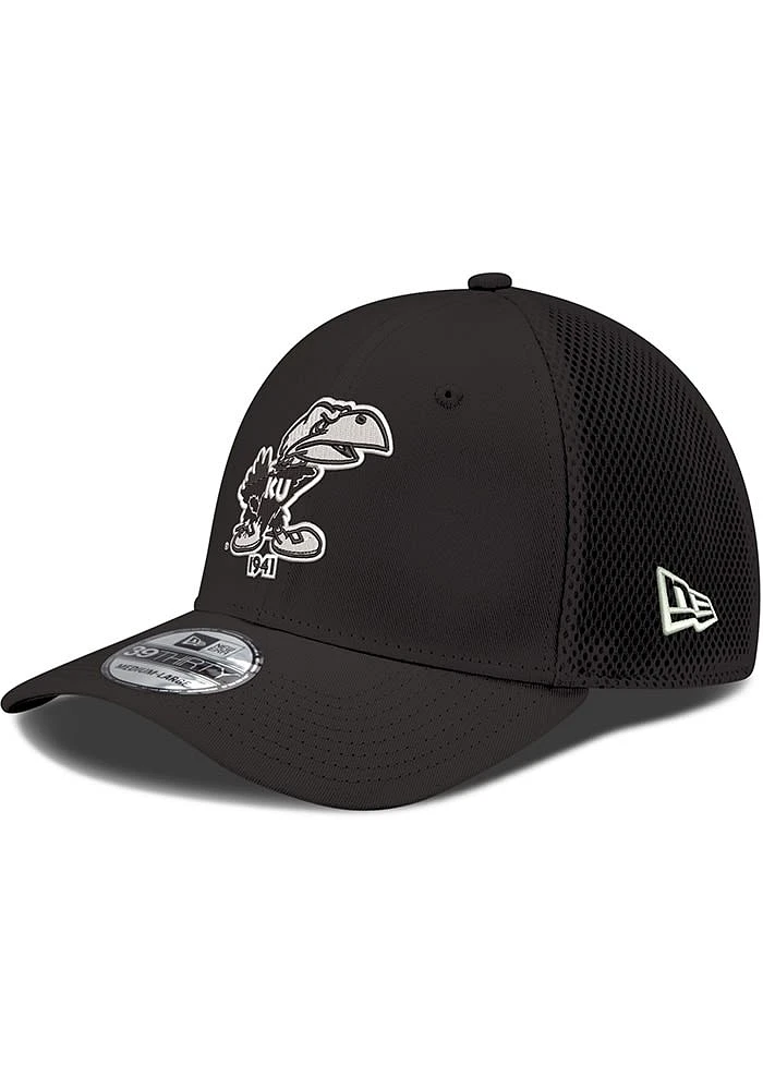 New Era Kansas Jayhawks Mens Black White Logo Neo 39THIRTY Flex Hat