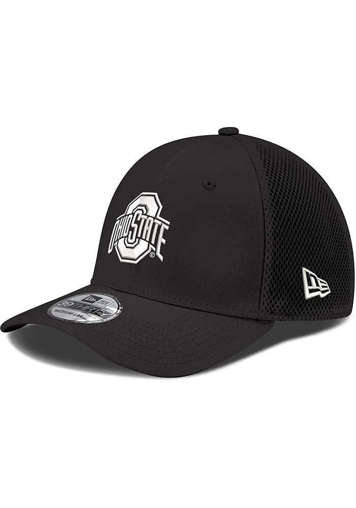 New Era Ohio State Buckeyes Mens Black White Primary Logo Mesh Neo 39THIRTY Flex Hat