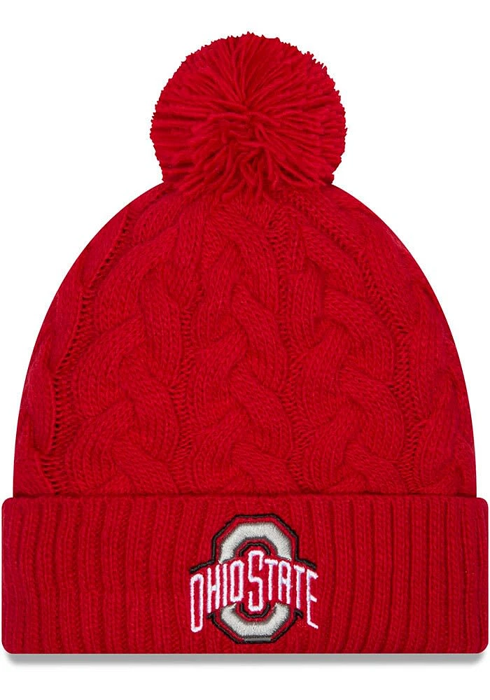 New Era Ohio State Buckeyes Red Cabled Color Cuff Pom Womens Knit Hat