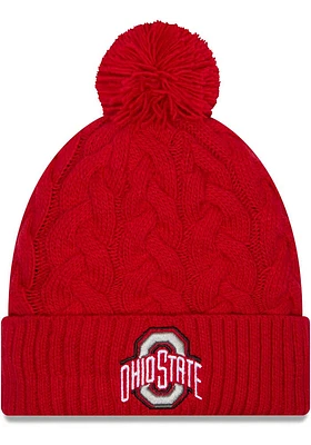 New Era Ohio State Buckeyes Red Cabled Color Cuff Pom Womens Knit Hat