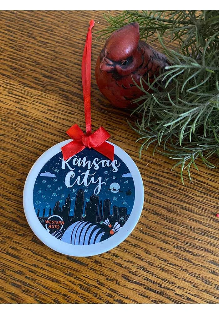 Kansas City Skyline Snowing Ornament - Blue