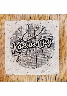 Kansas City Wordmark Script Map Coaster - Black