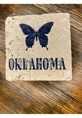 Oklahoma Dark Blue Butterfly Coaster - Brown