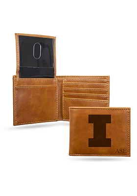Logo Personalized Laser Engraved Illinois Fighting Illini Mens Bifold Wallet - Brown