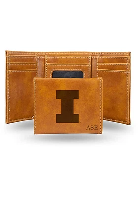 Logo Personalized Laser Engraved Illinois Fighting Illini Mens Trifold Wallet - Brown