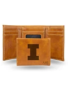 Logo Personalized Laser Engraved Illinois Fighting Illini Mens Trifold Wallet - Brown