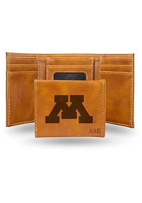 Personalized Laser Engraved Minnesota Golden Gophers Mens Trifold Wallet - Brown