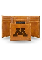 Personalized Laser Engraved Minnesota Golden Gophers Mens Trifold Wallet - Brown