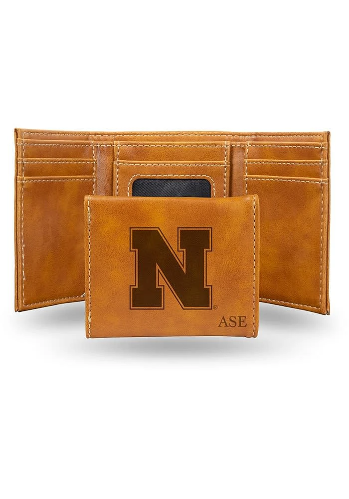 Personalized Laser Engraved Nebraska Cornhuskers Mens Trifold Wallet - Brown