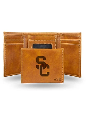 Personalized Laser Engraved USC Trojans Mens Trifold Wallet - Brown