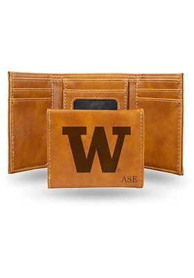 Personalized Laser Engraved Washington Huskies Mens Trifold Wallet - Brown