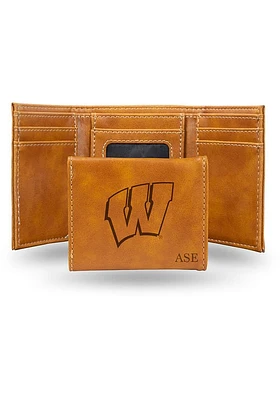 Logo Personalized Laser Engraved Wisconsin Badgers Mens Trifold Wallet - Brown