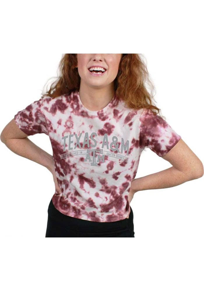 Texas A&M Aggies Womens Maroon Tie Dye Crop Short Sleeve T-Shirt