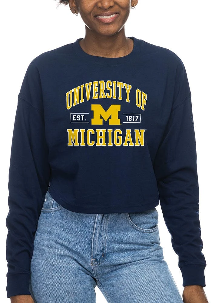 Michigan Wolverines Womens Blue Drop Shoulder Cropped LS Tee
