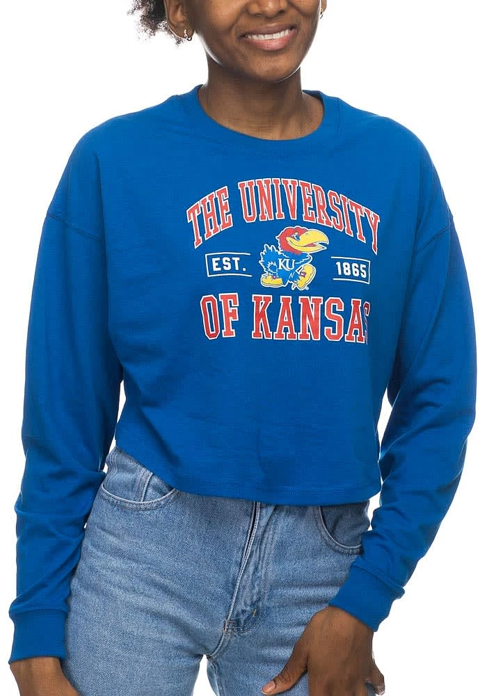 Kansas Jayhawks Womens Blue Drop Shoulder Cropped LS Tee