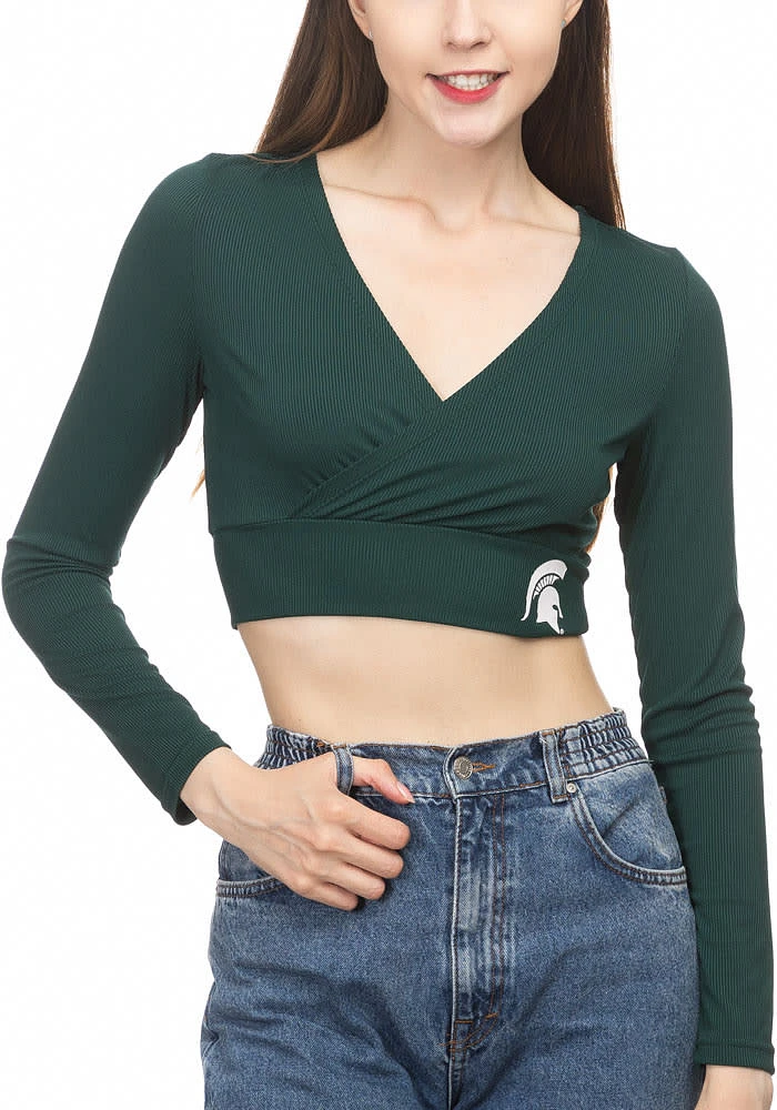 Michigan State Spartans Womens Green Crop Criss Cross LS Tee