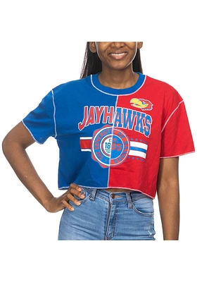 Kansas Jayhawks Womens Blue Crop Patchwork Short Sleeve T-Shirt
