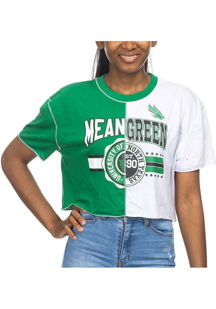 North Texas Mean Green Womens Kelly Crop Patchwork Short Sleeve T-Shirt