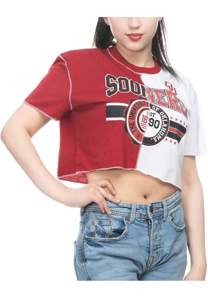 Oklahoma Sooners Womens Crimson Crop Patchwork Short Sleeve T-Shirt