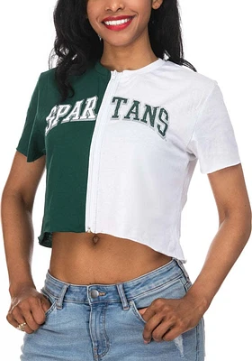 Michigan State Spartans Womens Green Crop Colorblock Zipper Short Sleeve T-Shirt