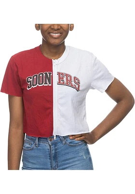 Oklahoma Sooners Womens Crimson Crop Colorblock Zipper Short Sleeve T-Shirt