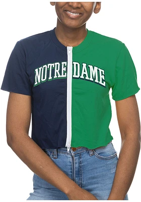 Notre Dame Fighting Irish Womens Navy Blue Crop Colorblock Zipper Short Sleeve T-Shirt