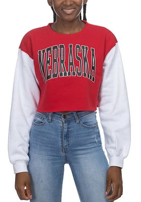 Nebraska Cornhuskers Womens White Crop Colorblock Sleeve Crew Sweatshirt