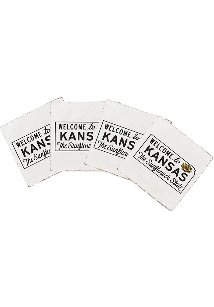 Kansas Sunflower State Welcome 4x4 Wood Coaster - White