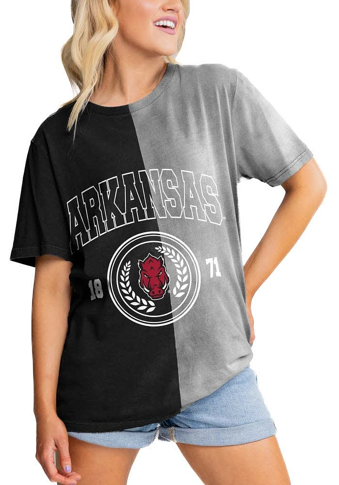 Gameday Couture Arkansas Razorbacks Womens Grey Crossroads Split Bleach Dye Short Sleeve T-Shirt