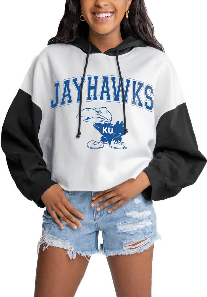 Gameday Couture Kansas Jayhawks Womens White Good Time Drop Shoulder Colorblock Crop Hooded Sweats..