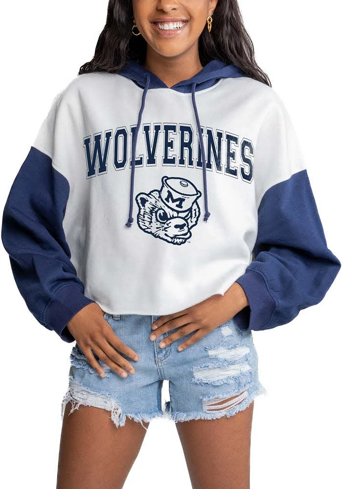 Gameday Couture Michigan Wolverines Womens White Good Time Drop Shoulder Colorblock Crop Hooded Sw..