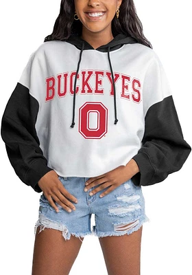 Gameday Couture Ohio State Buckeyes Womens White Good Time Drop Shoulder Colorblock Crop Hooded Sw..