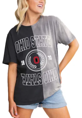 Gameday Couture Ohio State Buckeyes Womens Black Crossroads Split Bleach Dye Short Sleeve T-Shir..