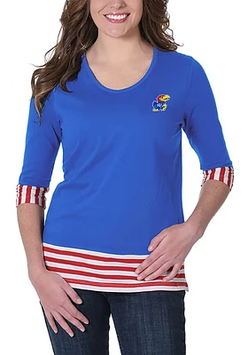 Kansas Jayhawks Womens Blue Striped Panel LS Tee