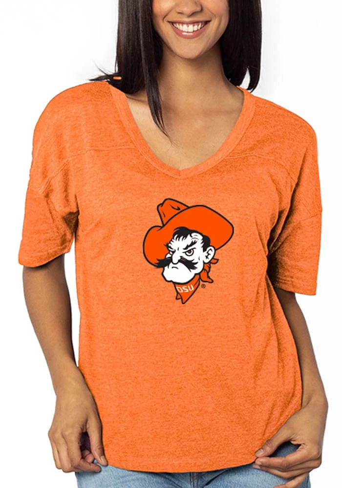 Oklahoma State Cowboys Womens Orange V Happy Jersey Style Short Sleeve T-Shirt