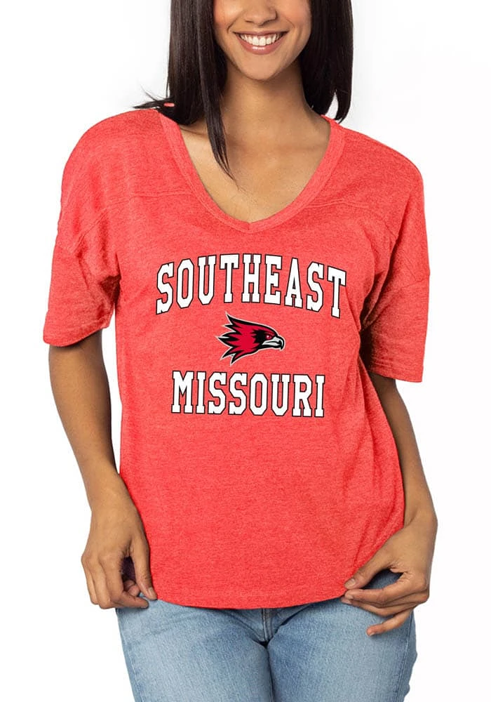 Southeast Missouri State Redhawks Womens Red Happy Jersey Style Short Sleeve T-Shirt