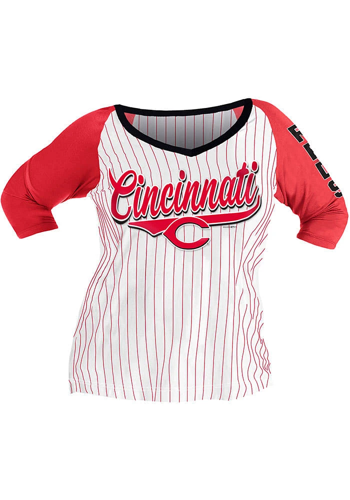 New Era Cincinnati Reds Womens White Plus Pinstripe Raglan LS Tee