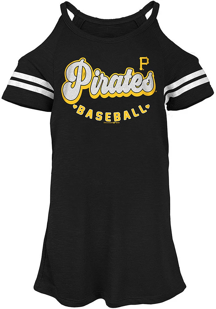 New Era Pittsburgh Pirates Girls Black Nova Cold Shoulder Short Sleeve Fashion T-Shirt