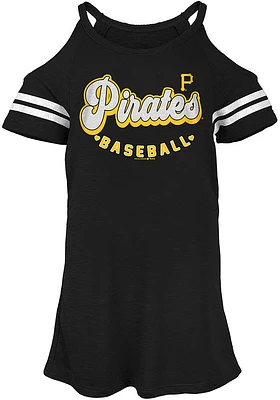New Era Pittsburgh Pirates Girls Black Nova Cold Shoulder Short Sleeve Fashion T-Shirt