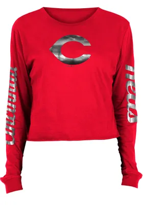 New Era Cincinnati Reds Womens Red Athletic Foil Crop Crew LS Tee