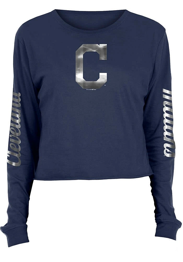 New Era Cleveland Guardians Womens Navy Blue Athletic Foil Crop Crew LS Tee