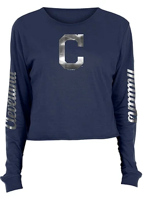 New Era Cleveland Guardians Womens Navy Blue Athletic Foil Crop Crew LS Tee