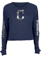 New Era Cleveland Guardians Womens Navy Blue Athletic Foil Crop Crew LS Tee