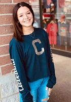 New Era Cleveland Guardians Womens Navy Blue Athletic Foil Crop Crew LS Tee
