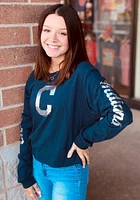 New Era Cleveland Guardians Womens Navy Blue Athletic Foil Crop Crew LS Tee