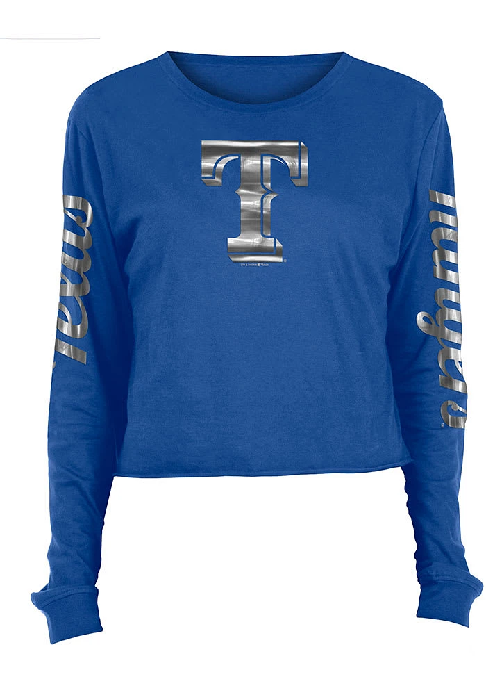 New Era Texas Rangers Womens Blue Athletic Foil Crop Crew LS Tee