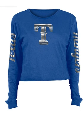 New Era Texas Rangers Womens Blue Athletic Foil Crop Crew LS Tee